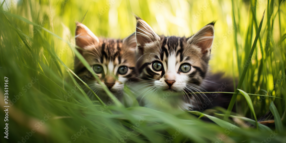 Cute kittens in the grass in springtime