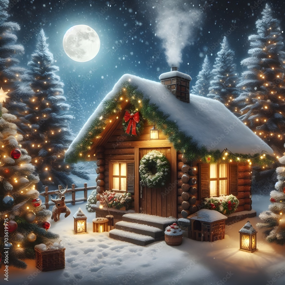 Create an image a Christmas scene with a small house in the snow