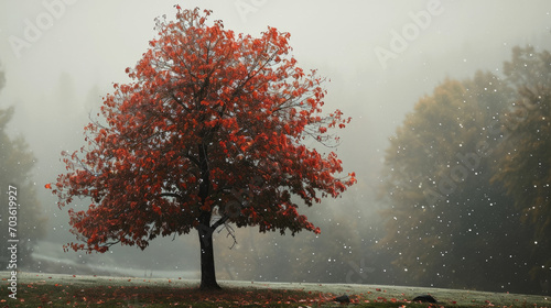 Misty Canopy: Maple Tree in Vivid Rain