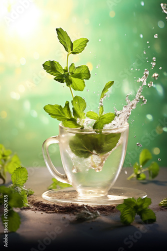 cup of tea with mint leaves flying above it, plain background
