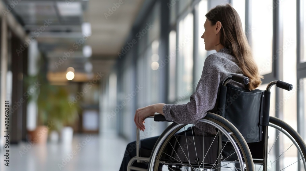 A woman in a wheelchair is sitting in an empty hallway. Generative AI. A woman in a wheelchair is sitting in an empty hallway. Generative AI.