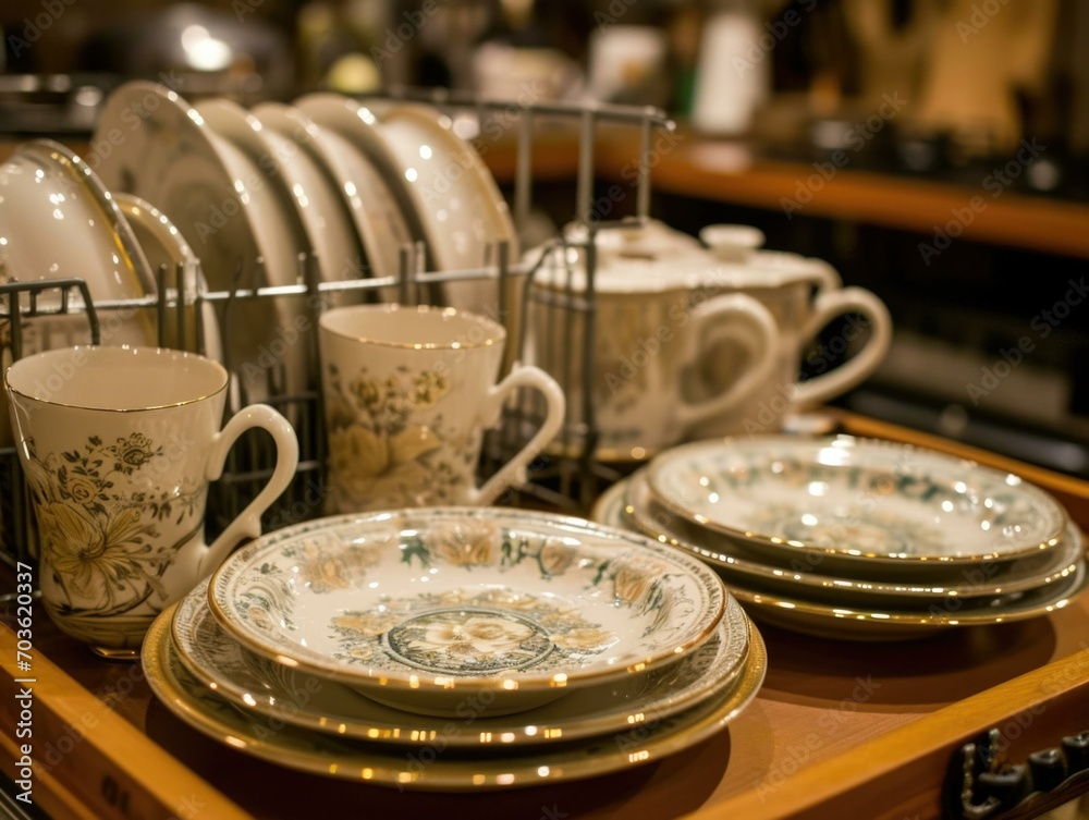 A rack holding a variety of dishes and cups. Generative AI. A rack holding a variety of dishes and cups. Generative AI.