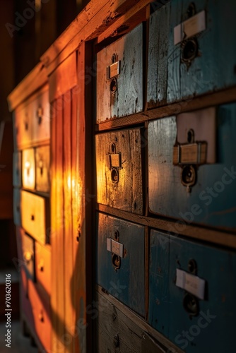 A wooden cabinet with drawers and a light shining through the window. Generative AI.