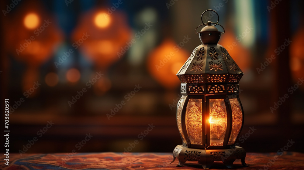 Arabic lantern with bokeh background and empty space in one part