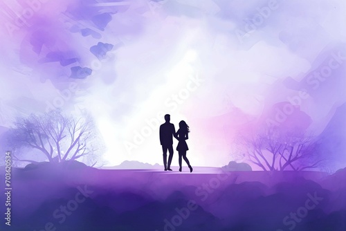 Watercolor silhouette of a romantic couple in love on a dreamy purple abstract background painting © khanh my