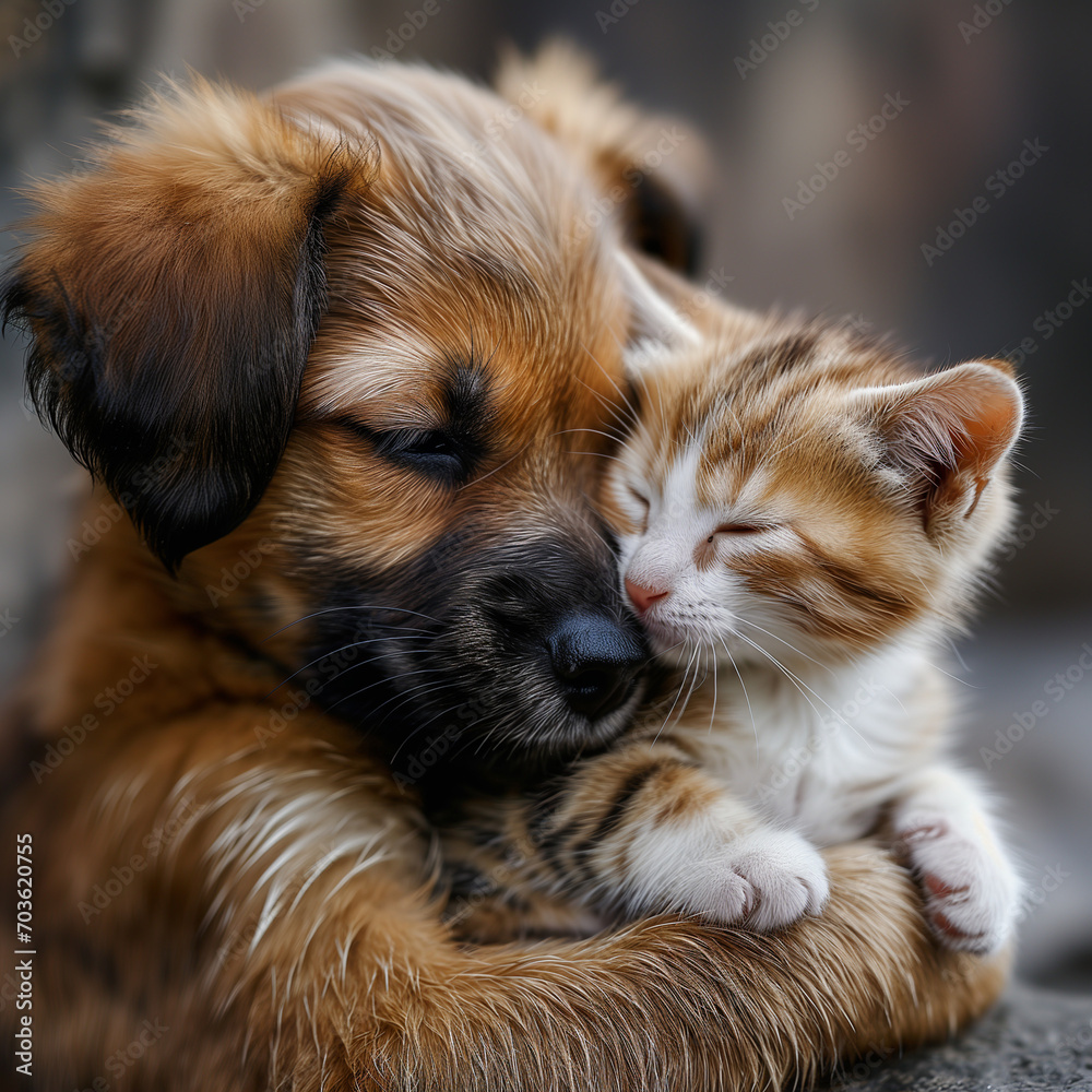 寄り添って眠る子犬と子猫(背景無し)