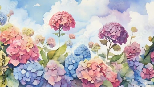 watercolor illustration of blue sky and hydranyia, motion