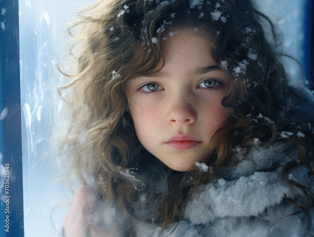 A young girl is looking out the window in the snow. Generative AI.