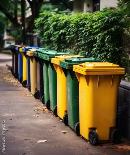 A row of trash cans. Generative AI. © Natalia