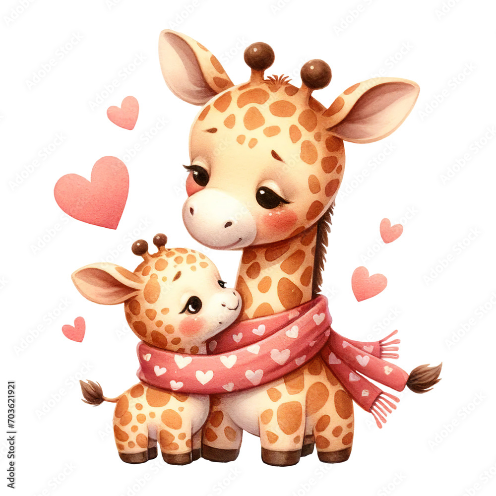 A giraffe and her calf sharing a loving moment with hearts A giraffe and her calf sharing a loving moment with hearts