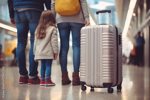 Close-up view about a unrecognizable family: parents and one daughter are standing in a modern airport with their suitcases and personal luggage, waiting for boarding...