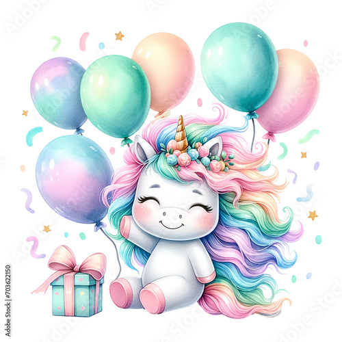 A jubilant unicorn with pastel balloons and a gift