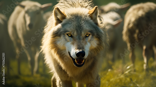 Wolf in front of flock of sheep.