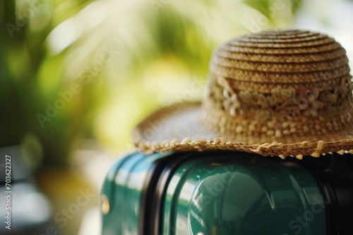 Close-up view about a female straw hat on the top of a Tiffany green luggage (or suitcase), for travel concept in summer holiday/vacation, in cinematography style... photo