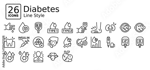 Diabetes icons in outline style. Collection of Diabetes, Medical,  Health, Icon set in Line Style. Simple vector editable stroke, easy to use photo