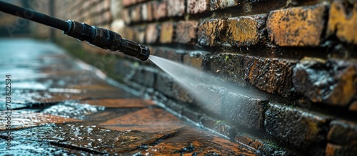 Water-based pressure washer used to cleanse dirty brick wall on house. photo