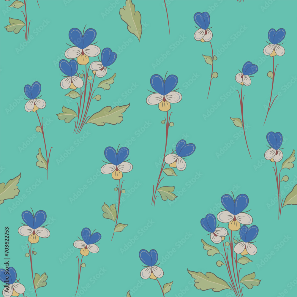 Seamless floral pattern with cute floral motifs. Blooming branches of wild pansy or viola tricolor flower. Medieval illuminated manuscript art. On green background.