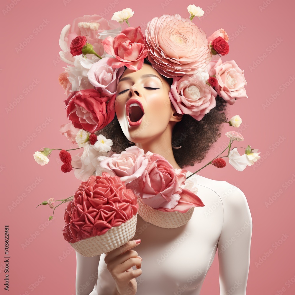 Floral Elegance. Artistic Image - Woman Encompassed by Vibrant Florals