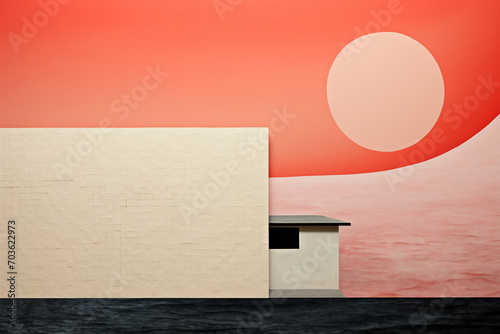 minimalism and surreal illustration, silkpainting, chinese tile roof with chinesewhite jade stone texture,hide in coral, extremely close-upshot to chinese tileroof with gradient translucent-glassmelt, photo