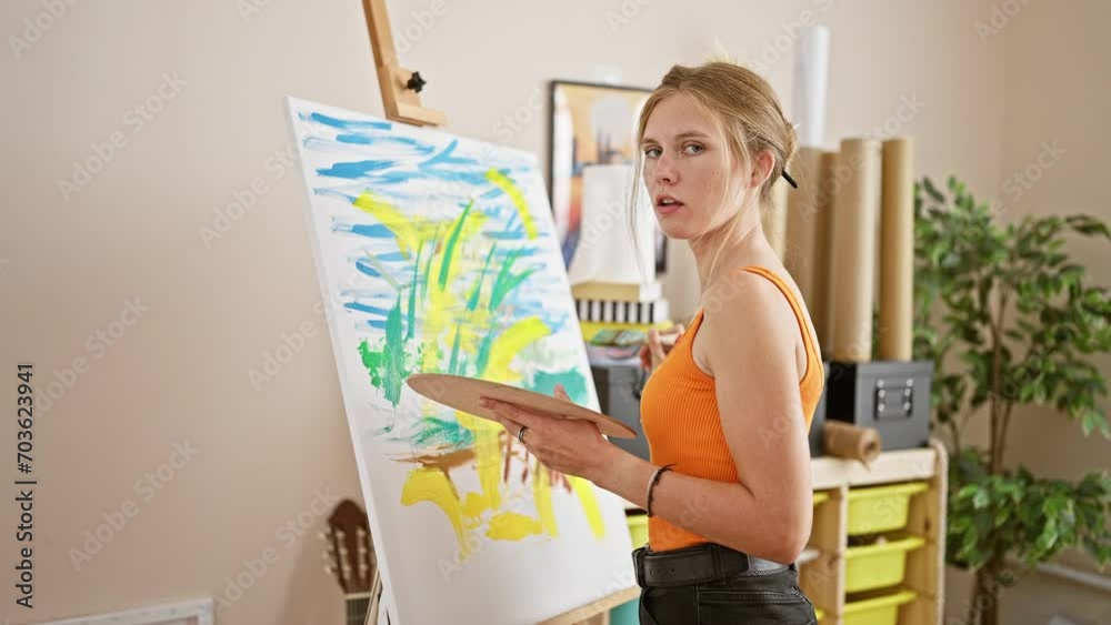 A young woman artist painting on a canvas in a bright, indoor studio A young woman artist painting on a canvas in a bright, indoor studio