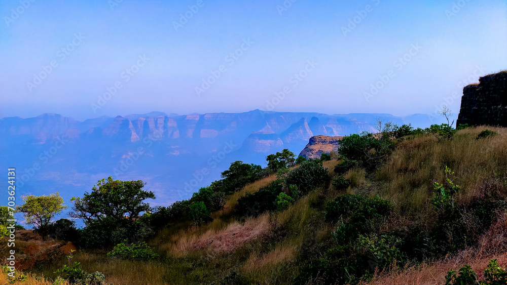 Beautiful sahyadri mountains view from the raigad fort 