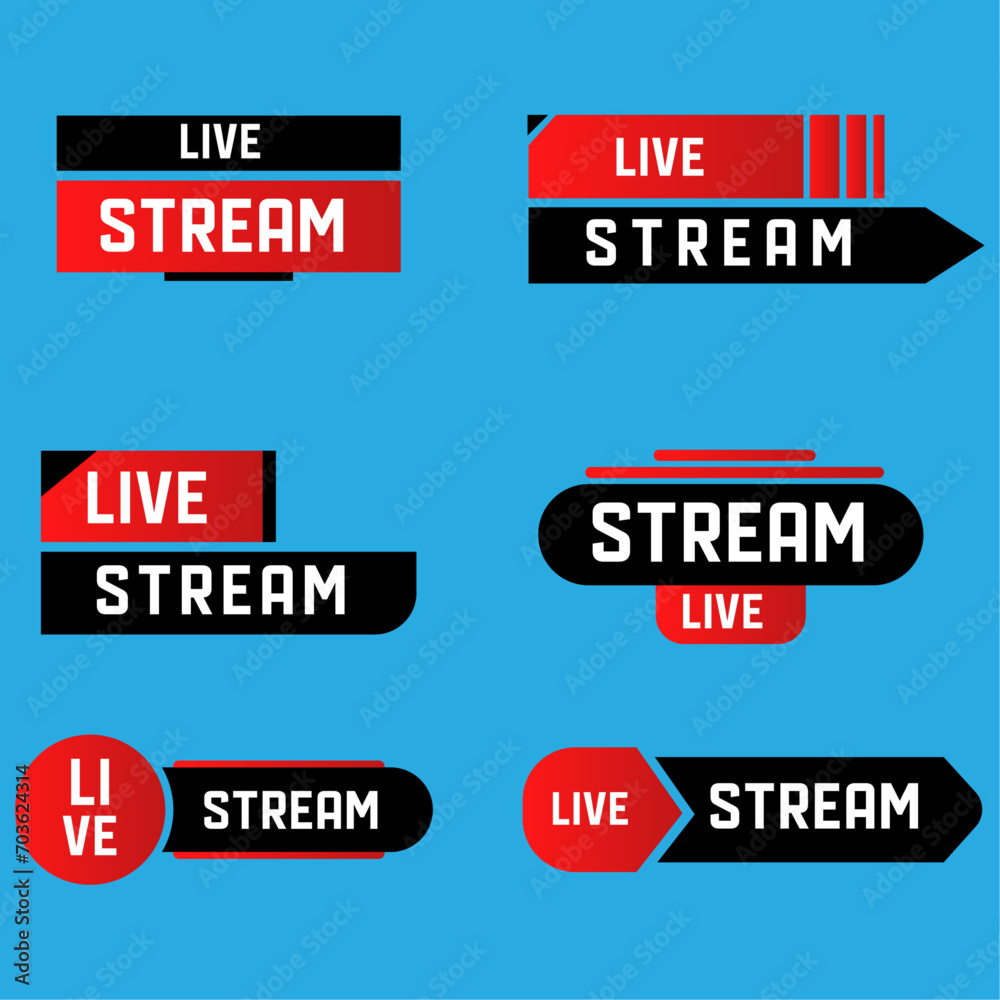 Collection of live stream logo, YouTube live, twitch live logo, live event stickers isolated vector set
