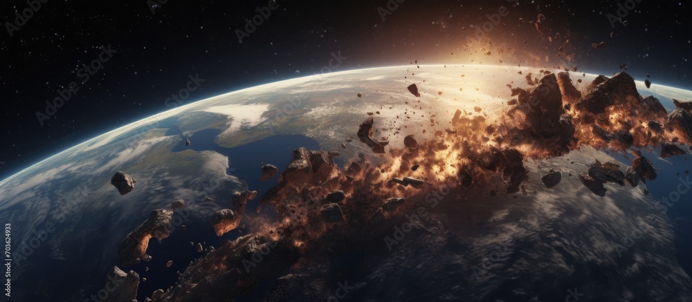  illustration: Earth destroyed by asteroid impact, causing global catastrophe.