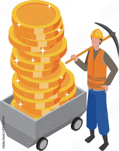 鉱山で働く男性と金硬貨のイラスト