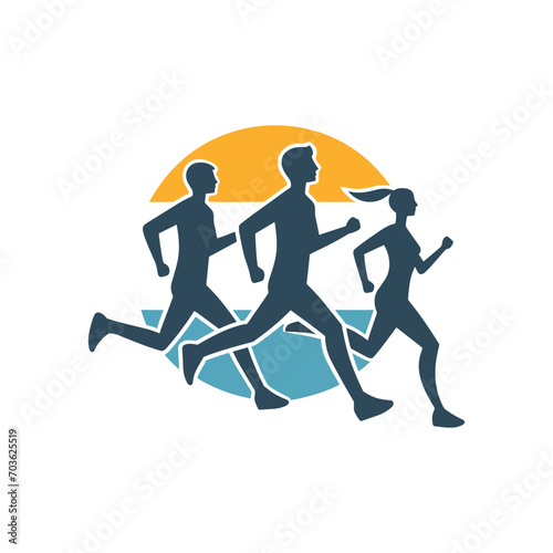 Running sport Silhouette Illustration. Flat silhouettes of running men and woman on white. Fast movement and healthy lifestyle logotype icons of people. Group of marathon runners in flat silhouettes s