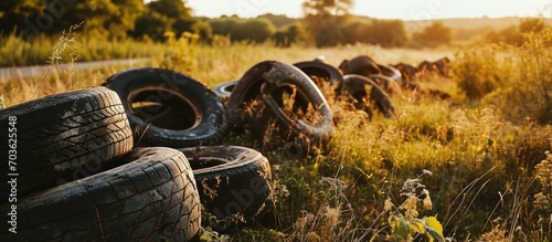 Second-hand tires by a field photo