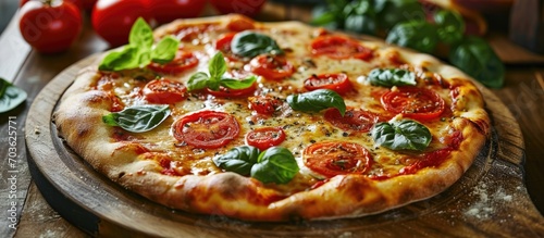 Italian Neapolitan pizza with tomato sauce, mozzarella, and vegetables, made using a traditional recipe.