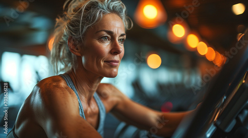 An active and vibrant baby boomer engaged in fitness exercises at the gym. Showcasing a healthy and active lifestyle in the senior years. photo