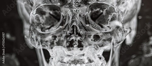 CT brain scan image shows severe skull depression fracture at left frontal parietal area, left zygomatic arch and both maxillary sinuses fractures, with slight subarachnoidal hemorrhage. photo