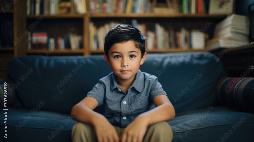 A young boy sitting on a couch in front of a bookcase. Generative AI. A young boy sitting on a couch in front of a bookcase. Generative AI.