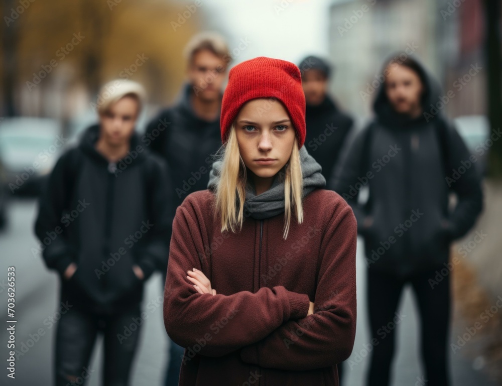 A young girl standing in the middle of a group of people. Generative AI. A young girl standing in the middle of a group of people. Generative AI.