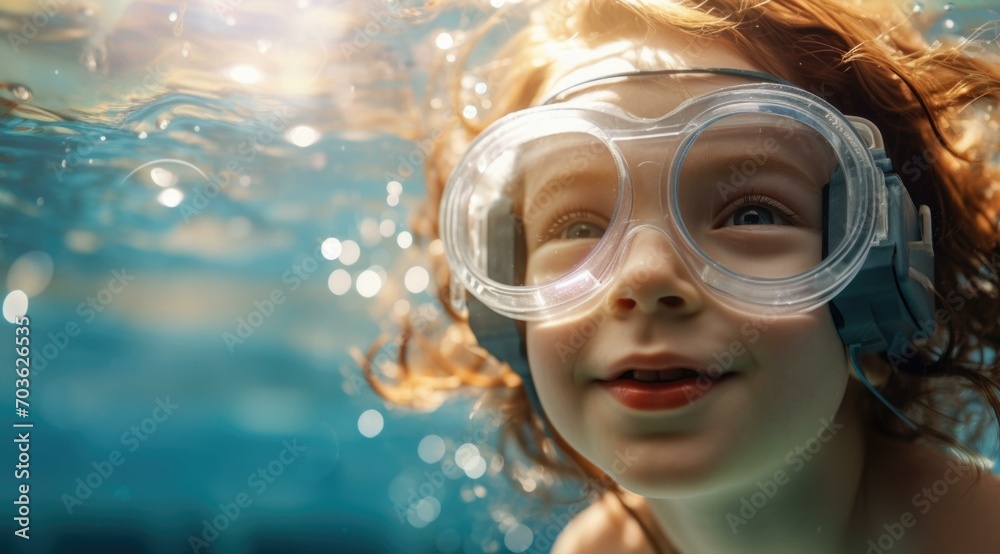 A little girl wearing goggles in the water. Generative AI.