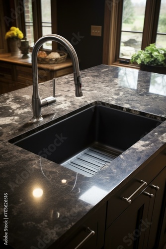 A kitchen sink with a black granite counter top. Generative AI.