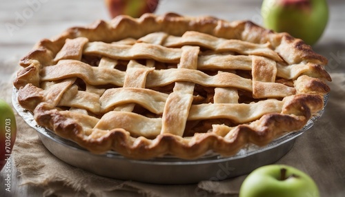 Homemade apple pie with fresh apples on a rustic background. photo
