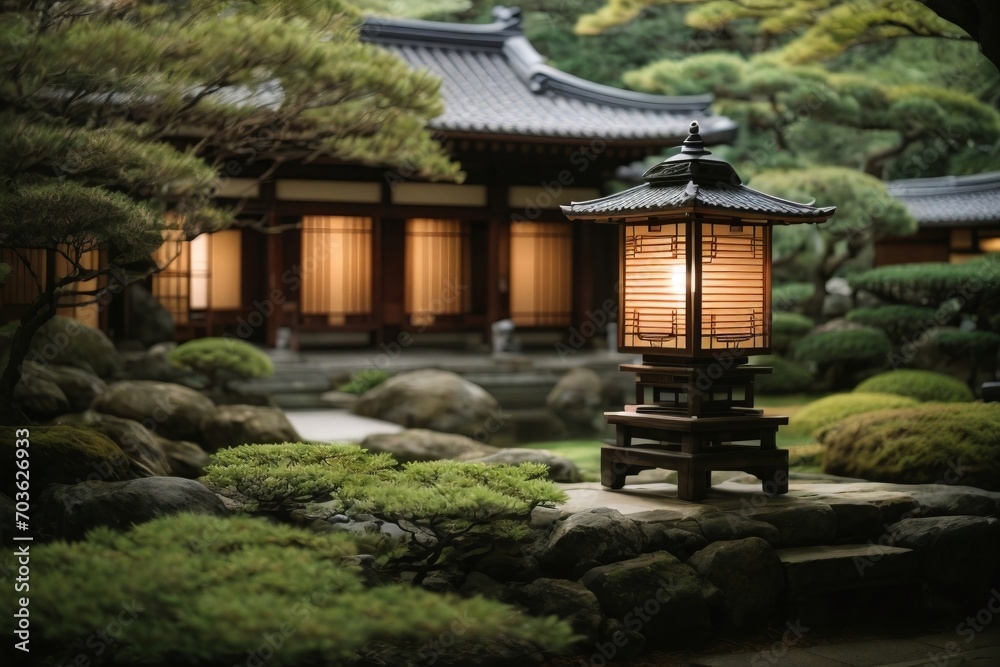 Fototapeta premium japanese lantern in the garden - Traditional Japanese Garden with Lantern and Ornamental Plants