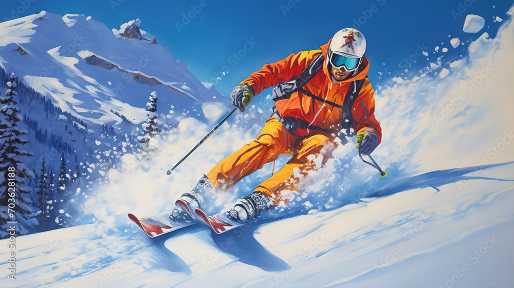 Woman in ski suit looks over her shoulder going down the hill on her snowboard