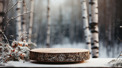 Winter sale podium. Rustic wooden stump on snowy forest backdrop, ideal for product display, nature-inspired marketing. AI Generative photo