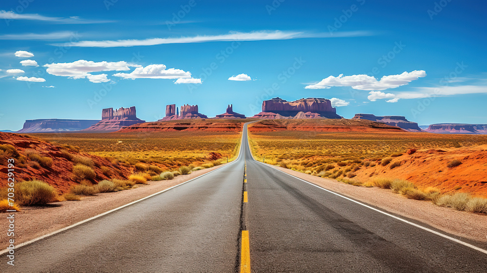 Fototapeta premium Asphalt road with yellow lines under a clear blue sky
