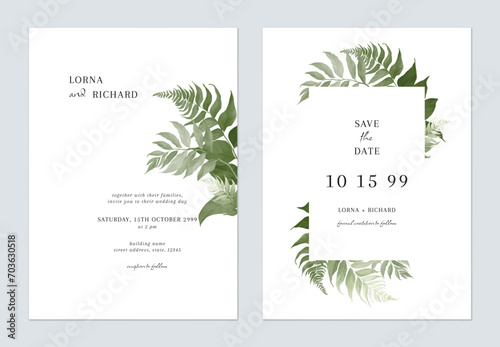 White green minimalist fern leaves wedding invitation