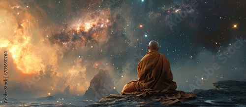Observing the cosmos, a Buddhist monk. photo