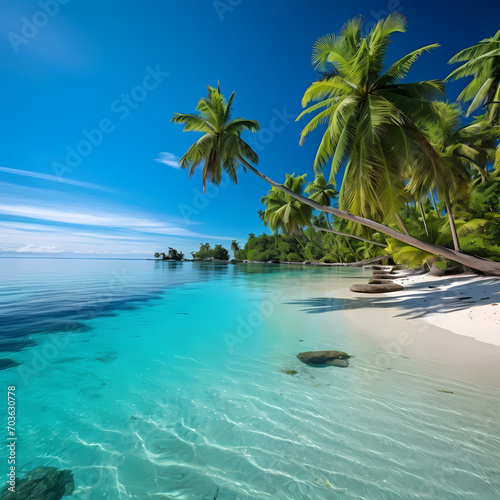 A tranquil beach scene with palm trees and turquoise water.