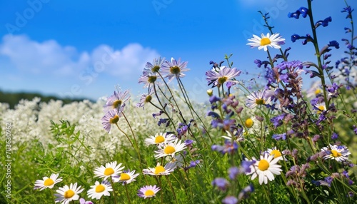 field flowers daisy and lavender blue sky summer spring nature