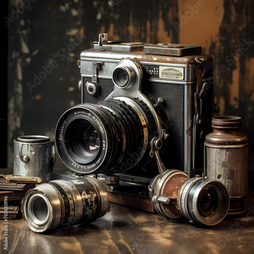 A vintage camera and film rolls on a weathered table.