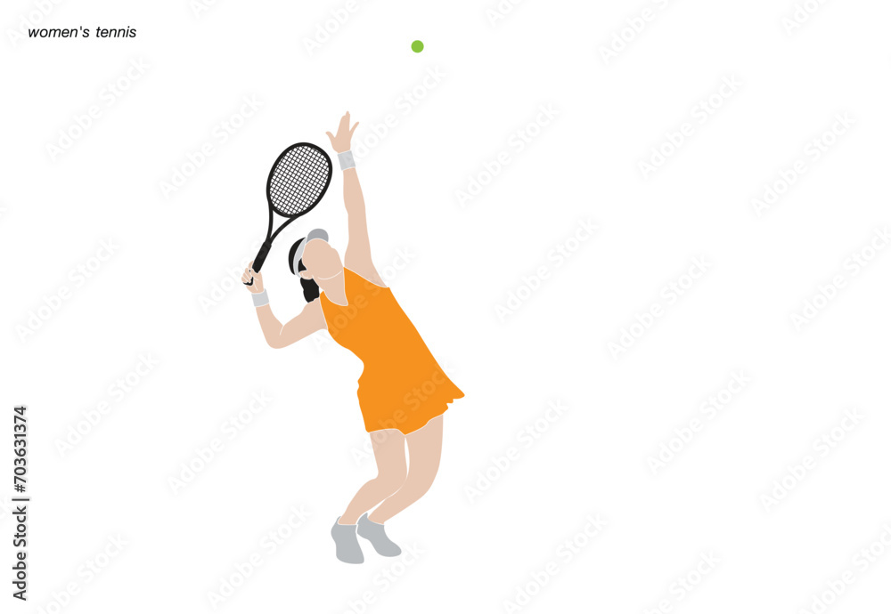 Female tennis player playing tennis hand drawn art illustration. Tennis player vector.