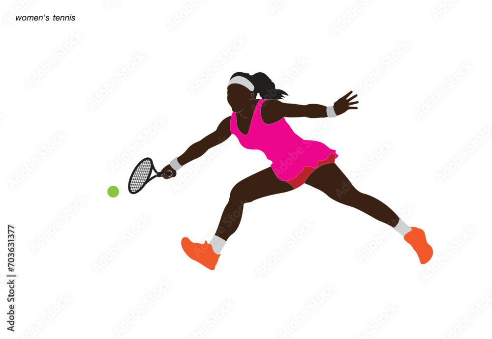 Female tennis player playing tennis hand drawn art illustration. Tennis player vector.