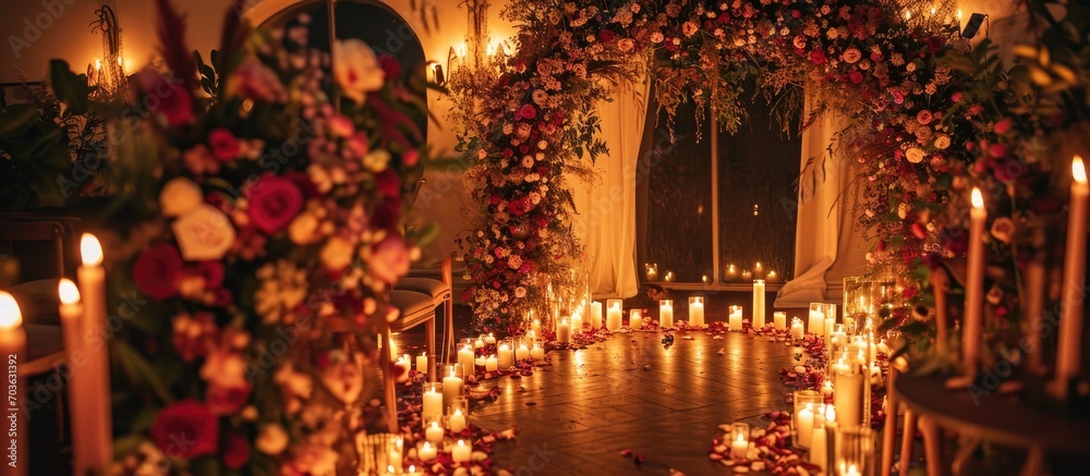 Romantic candlelit setup for surprise marriage proposal, date, and wedding with arch, wall, photo zone, and flower decorations on Valentine's Day.